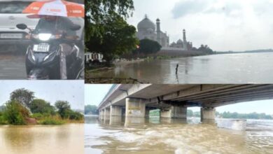 Photo of खतरे के निशान से 1.1 फीट ऊपर बह रही यमुना, ताजमहल के पीछे का पार्क हुआ जलमग्न